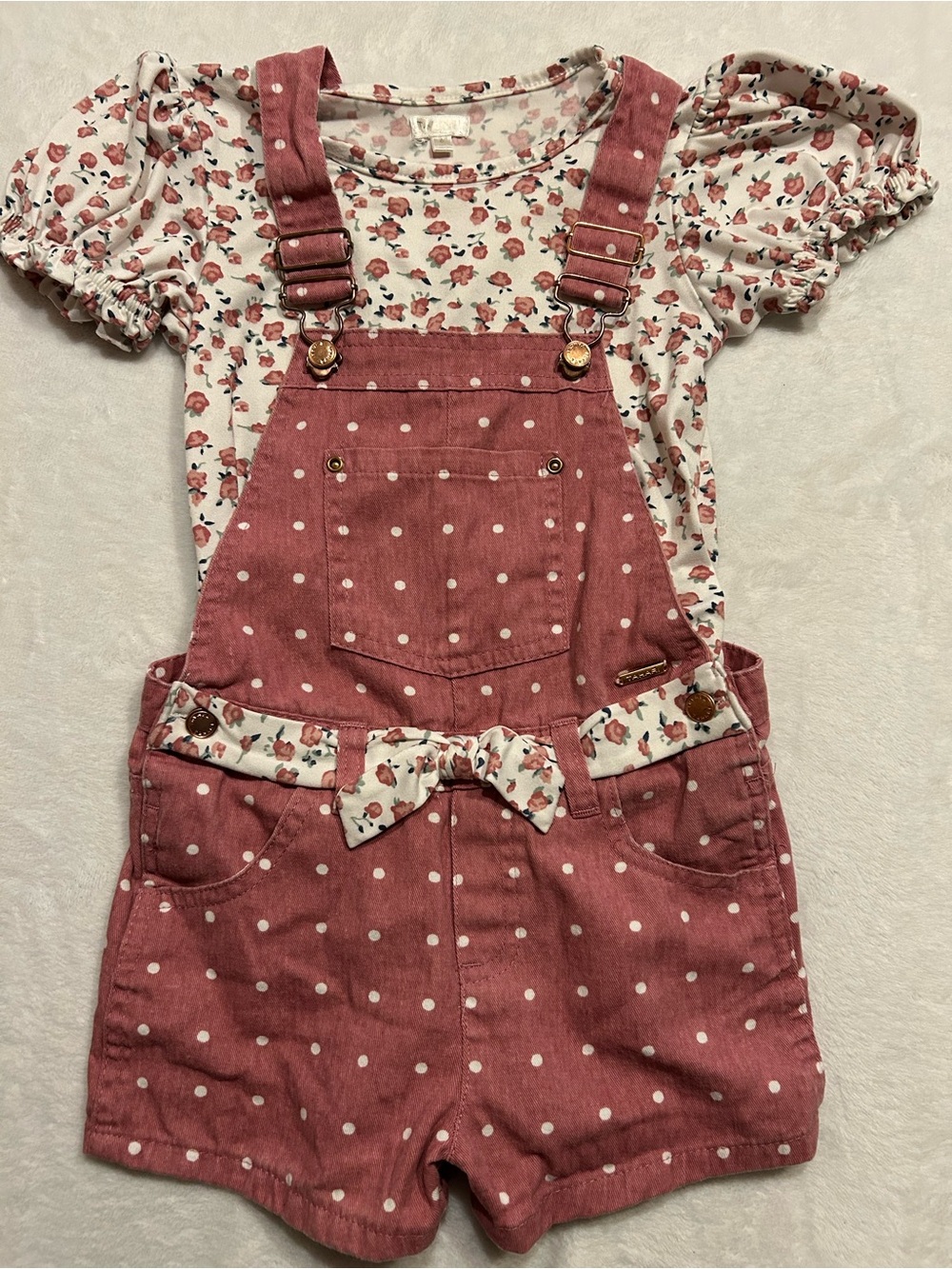 Tahari Girl Size 6 2-Piece Cotton Floral Tee & Pink Polka Dot overall shorts
